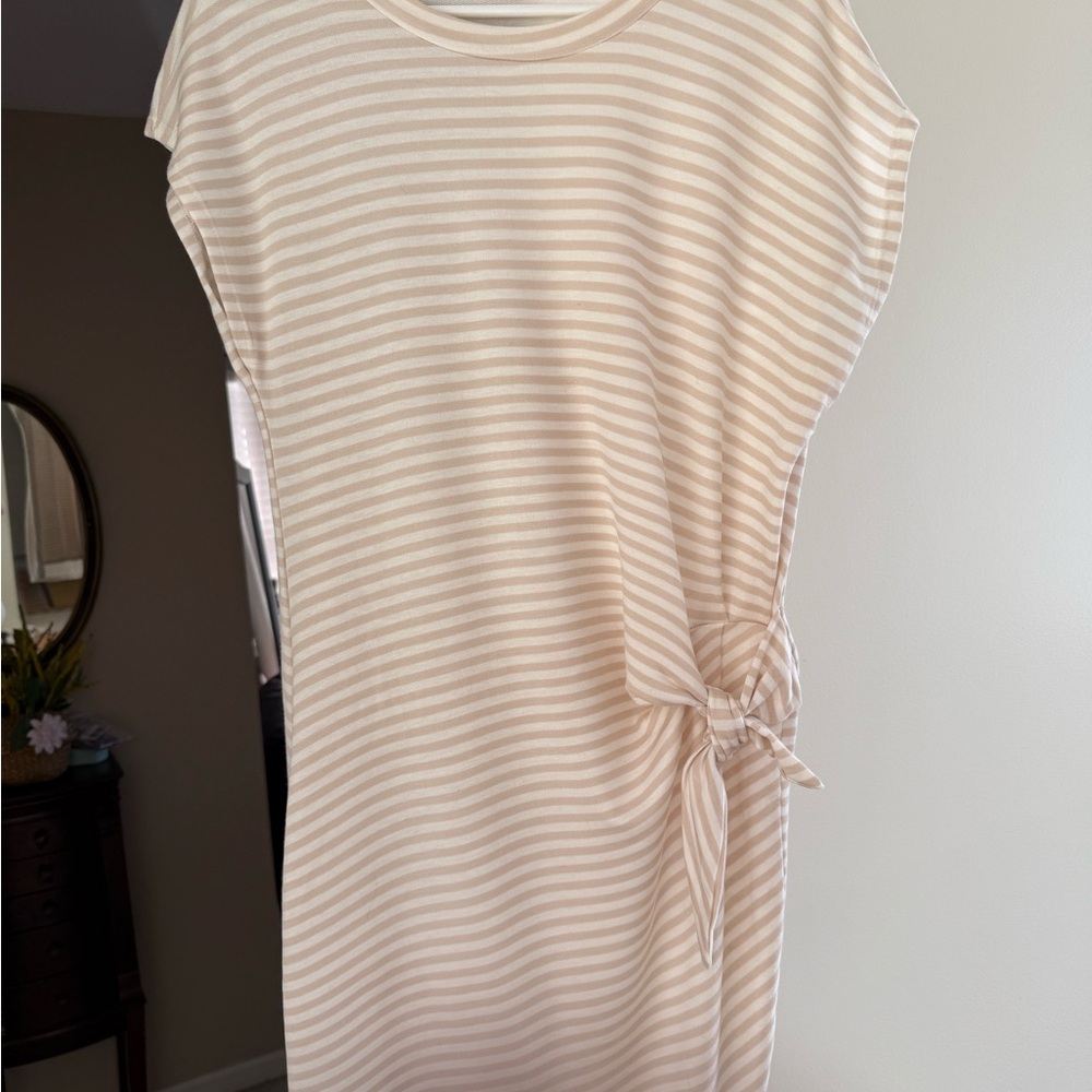 Striped Tie-Waist Women's Dress in Tan and White